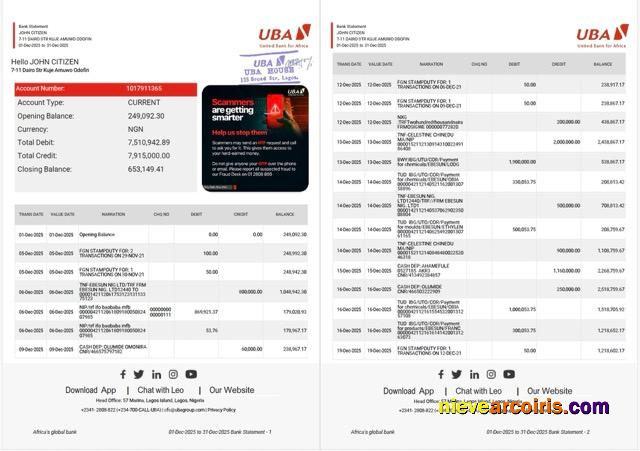 Nigeria United Bank for Africa bank statement Word and PDF, 2 pages